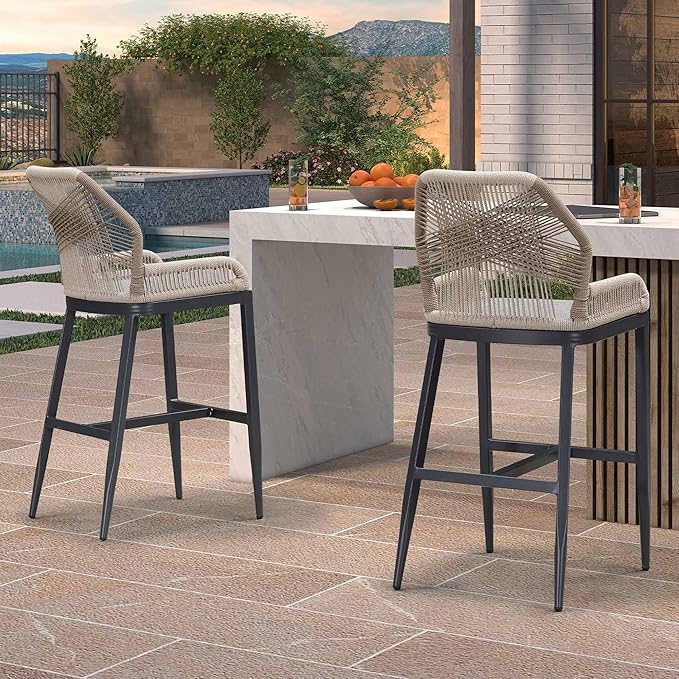 PURPLE LEAF 2 Pieces Bar Stools Patio Modern Rattan Barstools Aluminum Woven Tall Bar Chairs with Cushions for Outdoor Kitchen Island Garden