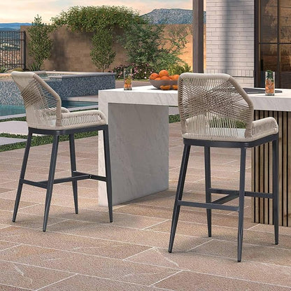 PURPLE LEAF 2 Pieces Bar Stools Patio Modern Rattan Barstools Aluminum Woven Tall Bar Chairs with Cushions for Outdoor Kitchen Island Garden