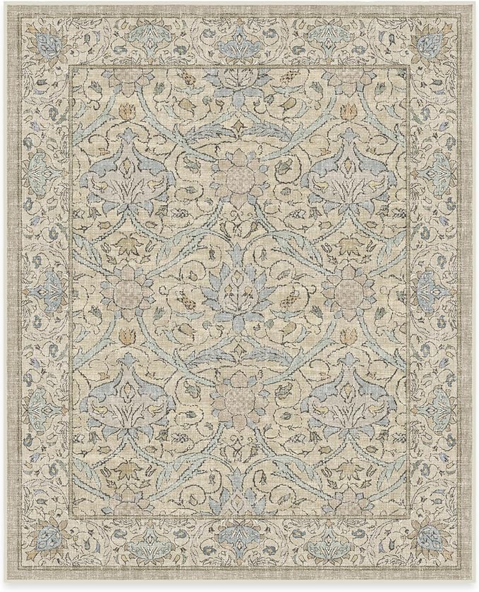 RUGGABLE x Morris & Co Washable Area Rug – Montreal Natural Blue 8x10, Stain-Resistant, Non-Slip – Large Machine Washable Rugs for Living Room, Bedroom, Hallway, Entryway & Office–with Cushioned Pad