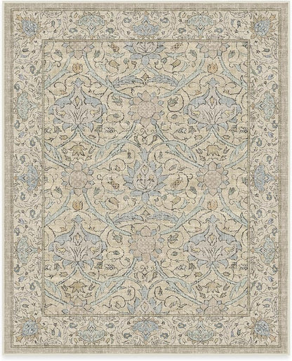 RUGGABLE x Morris & Co Washable Area Rug – Montreal Natural Blue 8x10, Stain-Resistant, Non-Slip – Large Machine Washable Rugs for Living Room, Bedroom, Hallway, Entryway & Office–with Standard Pad