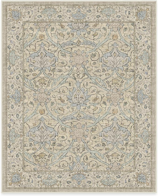 RUGGABLE x Morris & Co Washable Area Rug – Montreal Natural Blue 8x10, Stain-Resistant, Non-Slip – Large Machine Washable Rugs for Living Room, Bedroom, Hallway, Entryway & Office–with Standard Pad