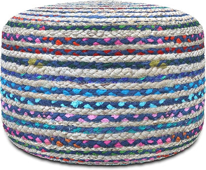 SIMPLIHOME Margo Boho Round Pouf in Blue Braided Jute for the Living Room, Bedroom and Kids Room