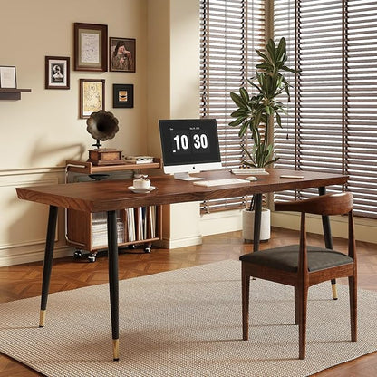 Solid Wood Desk 55 inches, Home Office Computer Desk Wooden Rustic Writing Desk Metal Modern Simple Design Executive Real Wood Desk(Walnut)
