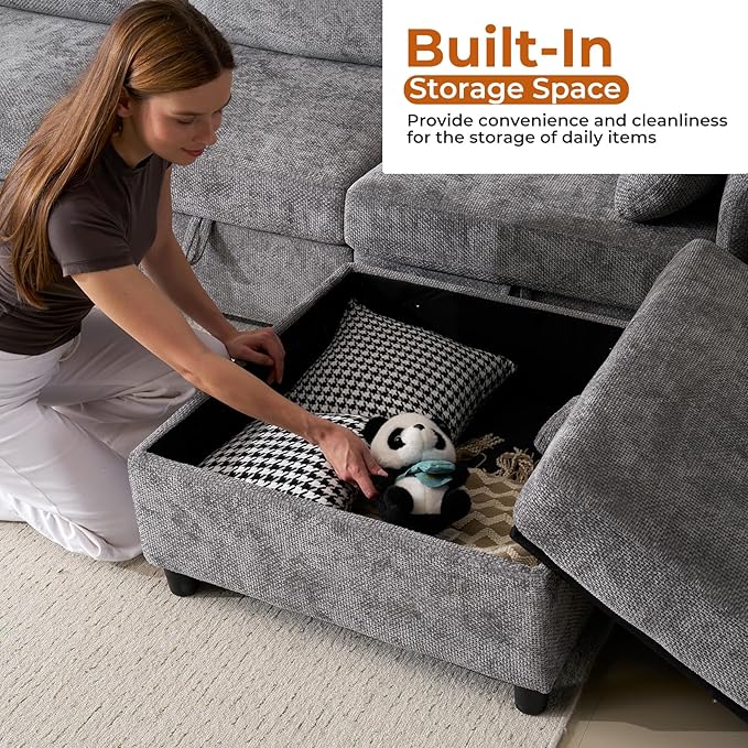 132'' Modular Sectional Sofa, U Shaped Comfy Cloud Couch with Large Storage, Extra Deep Seat, Modern Chenille Sofa with Chaise, 6 Seat Convertible Couches for Living Room, Grey