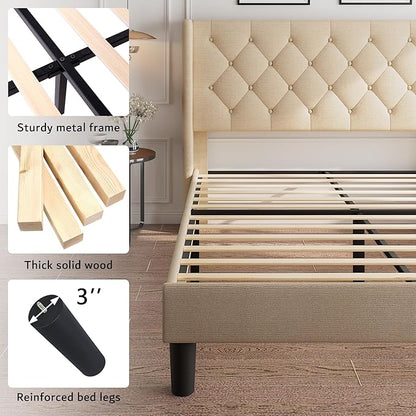 iPormis King Size Platform Bed Frame with Button Tufted Headboard, Upholstered Bed Frame with Solid Wooden Slats, 8" Underbed Space, No Box Spring Needed, Noise Free, Easy Assembly, Beige