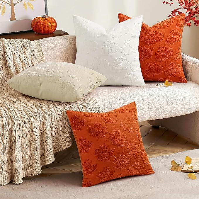 decorUhome Decorative Two Rust Pumpkins Thanksgiving Throw Pillow Covers 12x20 Set of 2, Soft Chenille Jacquard Farmhouse Textured Pillow Covers for Couch Bed Sofa Autumn Harvest Halloween Holiday