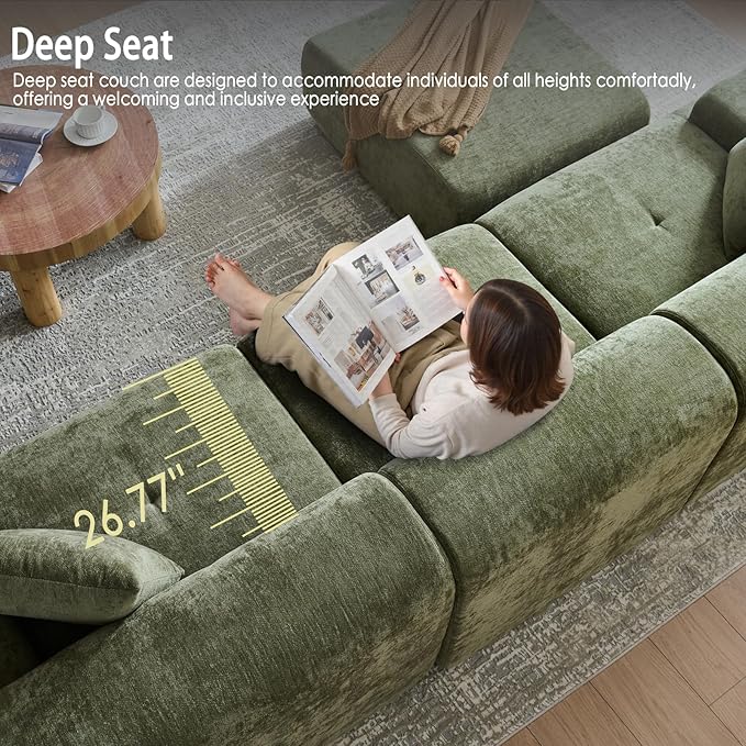 LIDYUK 118" Modern L-Shaped Boneless Couch Modular Sectional Sofa for Living Room, Chenille Upholstery Green, Oversized 3-Seater Sectional Couch with Deep Seat and Movable Ottoman, No Assembly
