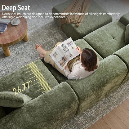 LIDYUK 118" Modern L-Shaped Boneless Couch Modular Sectional Sofa for Living Room, Chenille Upholstery Green, Oversized 3-Seater Sectional Couch with Deep Seat and Movable Ottoman, No Assembly