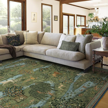 RUGGABLE x Morris & Co Washable Area Rug – Owl & Willow Green 9x12, Stain-Resistant, Non-Slip – Large Machine Washable Rugs for Living Room, Bedroom, Hallway, Entryway & Office–with Cushioned Pad
