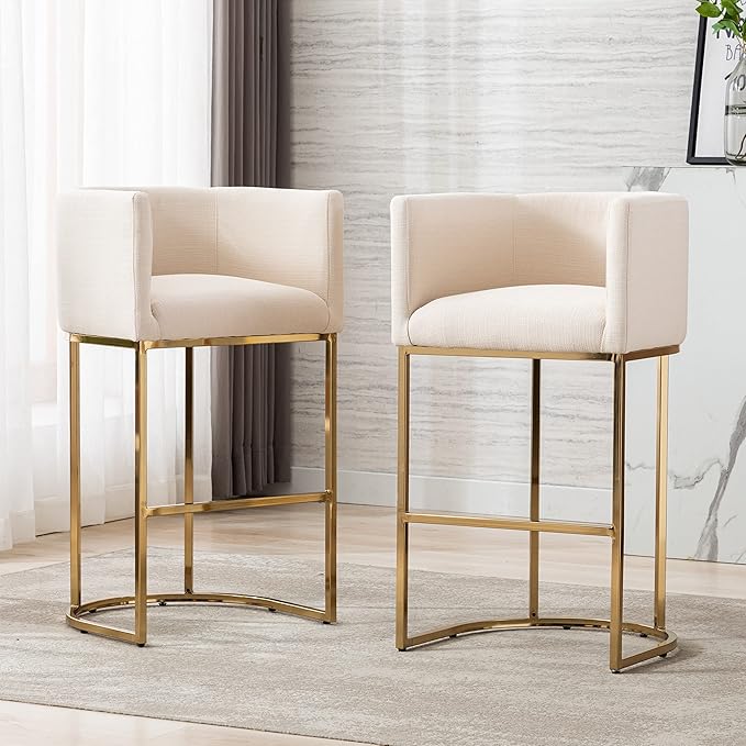Contemporary Cream Linen Bar Stools Set of 2, 32" Upholstered Fabric Counter Height Barstool Kitchen Counter Island Stools with Golden Metal Base