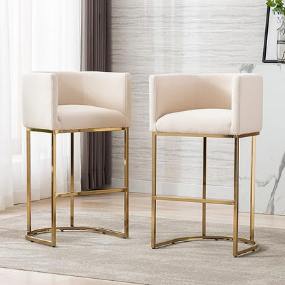 Contemporary Cream Linen Bar Stools Set of 2, 32" Upholstered Fabric Counter Height Barstool Kitchen Counter Island Stools with Golden Metal Base