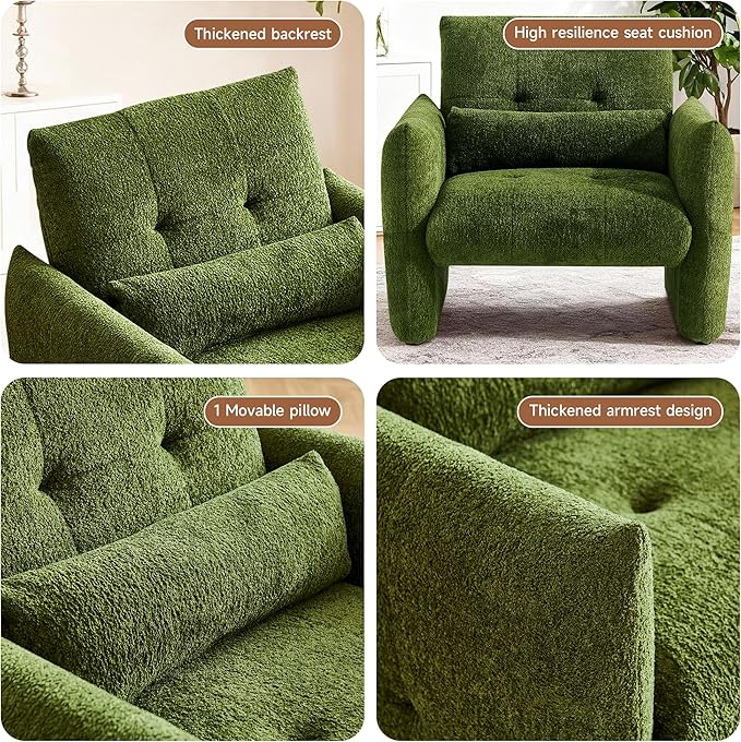 33.9" Accent Chairs, Modern Upgrade Sherpa Fabric Arm Chair Comfy Upholstered Armchair Leisure Single Sofa Chair with a Waist Pillow for Bedroom, Office and Living Room