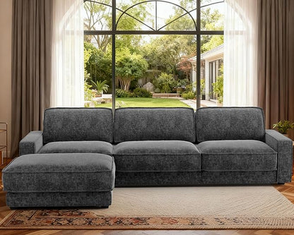 Sunny Heart 120" L-Shaped Modular Sectional Sofa, Oversized Cloud Couch with Movable Ottoman, 4-Seat Chenille Deep Seat Sofa with Pillow, Sectional Couches for Living Room, Apartment, Dark Grey