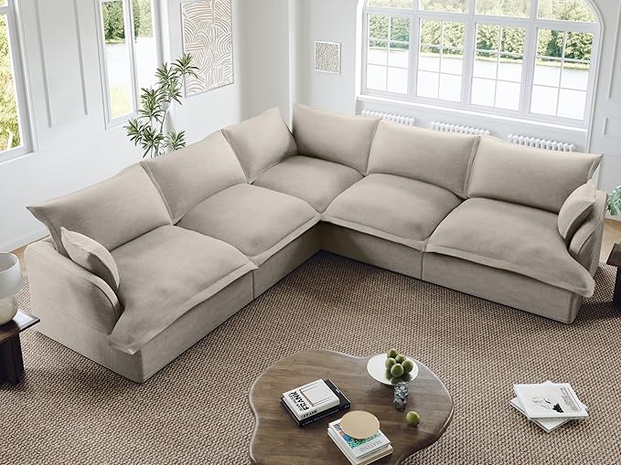 Oversized Modular Sectional Sofa, 5 Seater V Shaped Modular Couch with Washable Cover, Comfy Down Fill Cloud Couch, Light Grey
