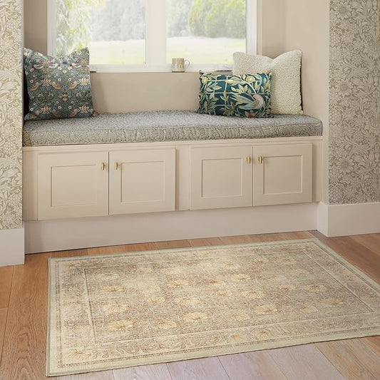 RUGGABLE x Morris & Co Washable Area Rug – Pimpernel Vintage Stone 3x5, Stain-Resistant, Non-Slip – Small Machine Washable Rugs for Living Room, Bedroom, Hallway, Entryway & Office–with Cushioned Pad