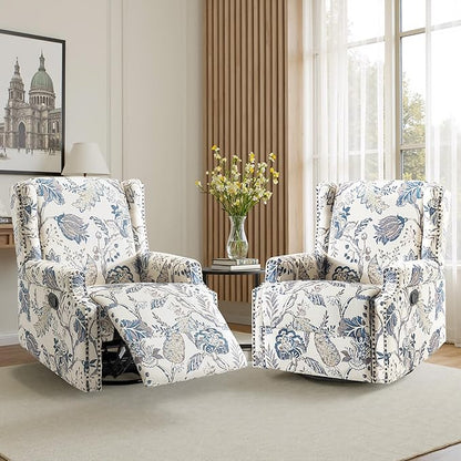 Premium 360° Swivel Recliner Chair with Footrest - Luxurious Cotton Linen & Botanical Design-Bule Plant