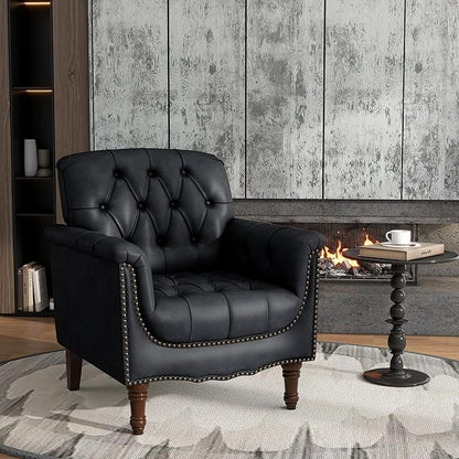 Lumibee Faux Leather Armchair, Contemporary Accent Chair with Nailhead Trims & Wood Legs for Living Room, Upholstered Comfy Arm Chair for Office,Bedroom-Blue Black