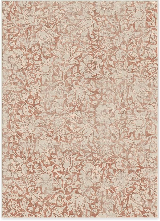 RUGGABLE x Morris & Co Washable Area Rug – Mallow Rust Red 5x7, Stain-Resistant, Non-Slip – Medium Machine Washable Rugs for Living Room, Bedroom, Hallway, Entryway & Office–with Standard Pad