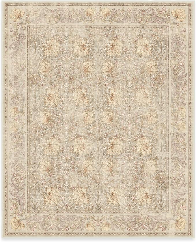 RUGGABLE x Morris & Co Washable Area Rug – Pimpernel Vintage Stone 8x10, Stain-Resistant, Non-Slip – Large Machine Washable Rugs for Living Room, Bedroom, Hallway, Entryway & Office–with Standard Pad