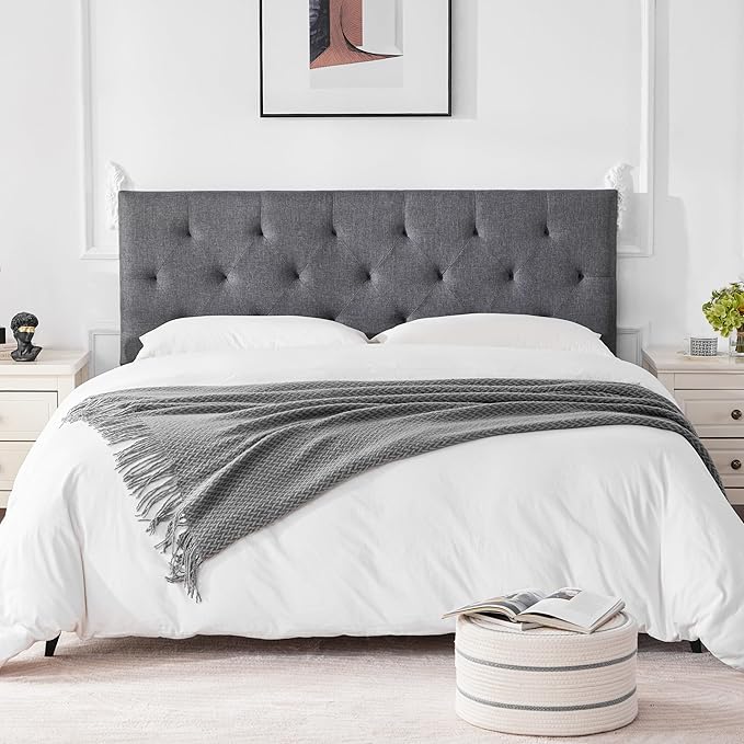 Linen Upholstered Headboard King Size, Modern Diamond Tufting Solid Wood Cali King Headboard Only, Adjustable Height from 37” to 51” Head Board, Bed Frame or Wall Mount Headboards, Light Grey