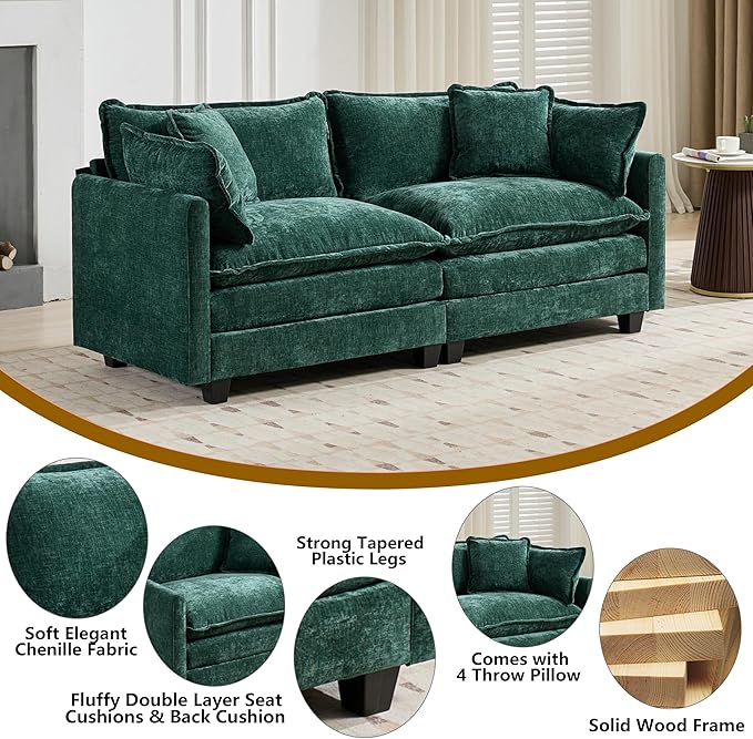 Aoowow Modular Sectional 2 Seater Cloud Sofa Couch for Living Room,78" Loveseat Couch with Deep Seat,Modern Chenille 2 Seat Sofas,Fluffy Small Couches for Bedroom,Small Spaces (Green, 2 Seater)