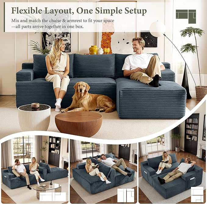 96''Sectional Couches for Living Room,Modern Modular Sectional Sofa,Upholstered Boneless Couch with Pockets,Comfy Cloud Couch with L Shaped Chaise (Dark Grey, 96''W Right Facing Chaise)