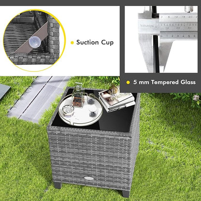 Tangkula 3 Pieces Patio Furniture Set, Outdoor PE Rattan Conversation Chair Set with Tempered Glass Side Table and Removable Cushions, PE Wicker Chairs and Table Set for Porch, Balcony and Garden