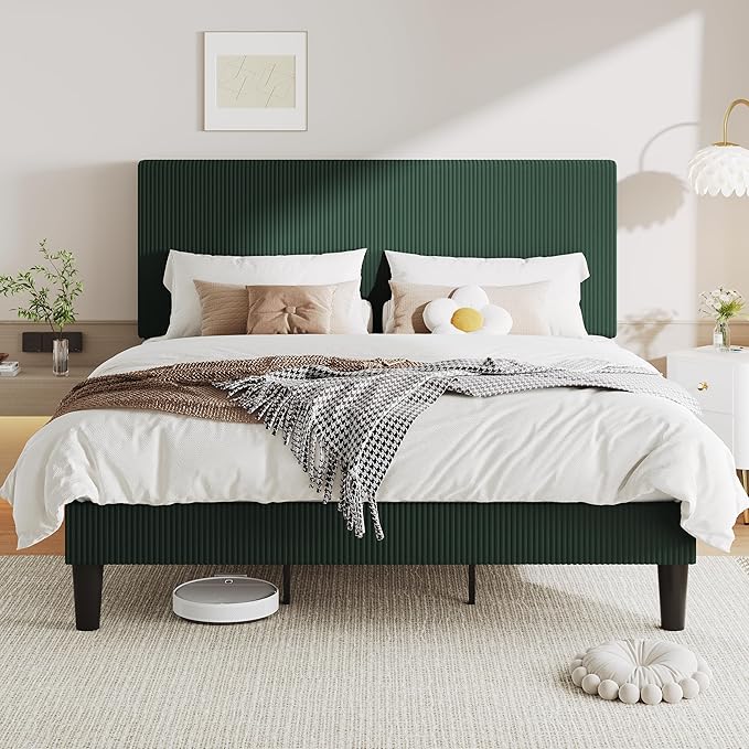 Allewie King Size Upholstered Bed Frame with Vertical Channel Tufted Headboard, Soft Corduroy Fabric Platform Bed, Strong Wooden Slats Support, Easy Assembly, No Box Spring Needed, Dark Green