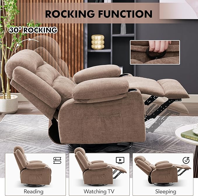Oversized Recliner Chairs for Adults, 360° Swivel Rocking Recliner with Heat and Massage Lazy Boy Recliner,Recliner Chairs Single Sofa Seat with Cup Holders (Browm, Regular)