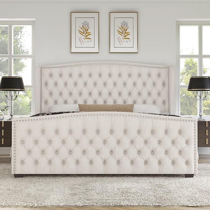 AMERLIFE Queen Size Platform Bed Frame, Velvet Upholstered Bed with Deep Button Tufted & Nailhead Trim Wingback Headboard/No Box Spring Needed/Cream
