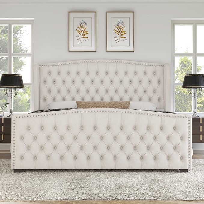 AMERLIFE King Size Platform Bed Frame, Velvet Upholstered Bed with Deep Button Tufted & Nailhead Trim Wingback Headboard/No Box Spring Required/Cream