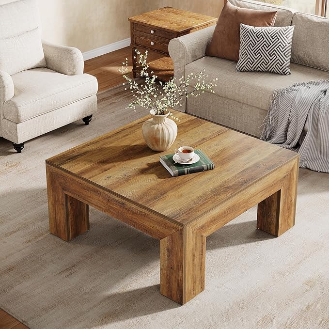 Tribesigns Farmhouse Square Coffee Table for Living Room, 39.37-Inch Low Large Center Tea Accent Table with Sturdy Legs, Easy Assembly (Rustic Brown)
