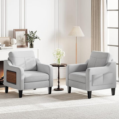 Accent Chair for Living Room Modern Linen Upholstered Armchair Side Wooden Fabric Sofa Chair with Foldable Table 2 Side Pockets Comfy Reading Chair for Bedroom