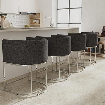 Contemporary Charcoal Linen Bar Stools Set of 4, 24" Upholstered Fabric Counter Height Barstools Kitchen Counter Island Stools with Screwed Together Chrome Finish Base