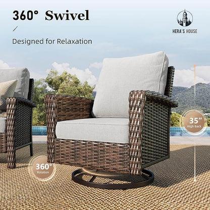 HERA'S HOUSE Gray Patio Furniture Set with Swivel Chairs, Outdoor Wicker Furniture with 35" High Back, 5.5" Thick Cushions, Deep Seating Patio Conversation Sets for Lawn Deck Backyard