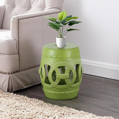JONATHAN Y TBL1022H Lucky Coins 16" Chinese Ceramic Drum Indoor/Outdoor Garden Stool Bohemian, Coastal, Cottage, French Country, Traditional, for Living Room, Garden Room, Patio, Matte Green
