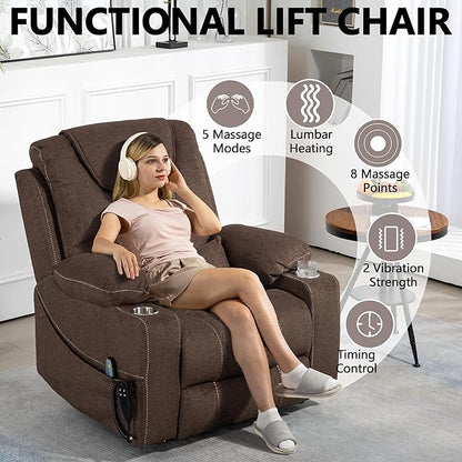 Large Power Lift Recliner Chair Sofa with Massage and Heat for Big and Tall Elderly,Infinite Positions,Dual Motor,Cup Holders,Extended Footrest,Velvet Home Theater Seat