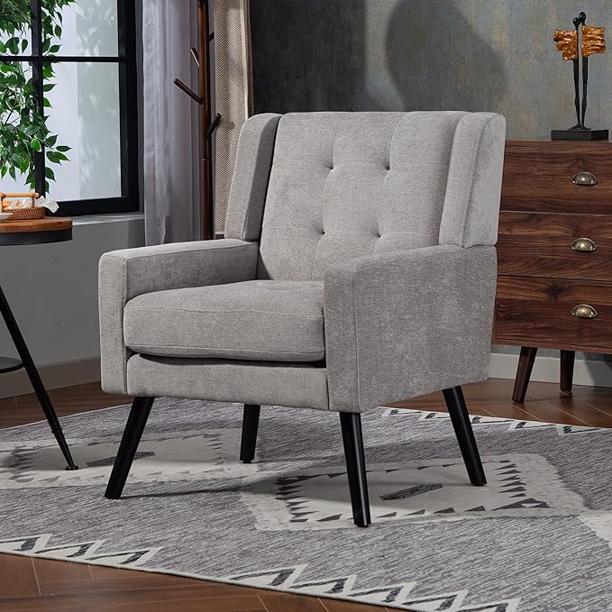 Mid-Century Modern Accent Chair, Plush Linen Fabric with Button Tufted High Back & 5" Thick Cushion, High Comfort Reading Chair for Living Room, Bedroom, Office (Light Gray)