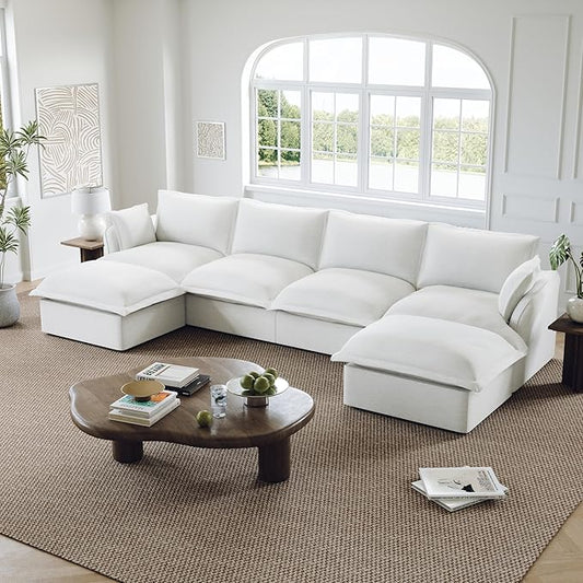 146” Oversized Cloud Modular Sectional Sofa, Comfy Down Filled Cloud Couch with Removable Cover, 4 Seater Modular Couch with 2 Ottomans, U Shaped Sectional Couches for Living Room, Cream White