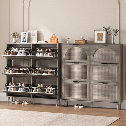 Shoe Cabinet for Entryway with 6 Flip Drawers, Slim Wooden Shoe Storage Organizer with Modern Fluted Pannel，Freestanding Narrow Hidden Shoe Rack for Hallway, Foyer, Living Room