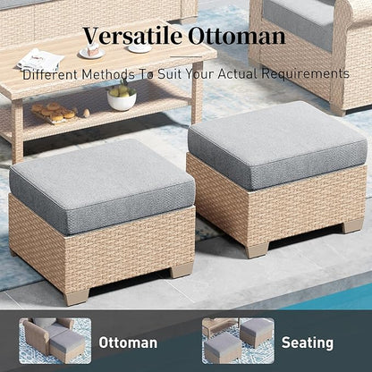 Patio Furniture Set 5 pcs, Wicker Rattan Outdoor Furniture with 5.5” Thick Cushions, 3-Seat Sofa, 2 Chairs and 2 Ottomans, Outdoor Conversation Set for Garden Backyard Deck, 7 Seats Grey
