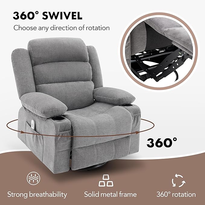 Oversized Recliner Chairs for Adults, 360° Swivel Rocking Recliner with Heat and Massage Lazy Boy Recliner,Recliner Chairs Single Sofa Seat with Cup Holders