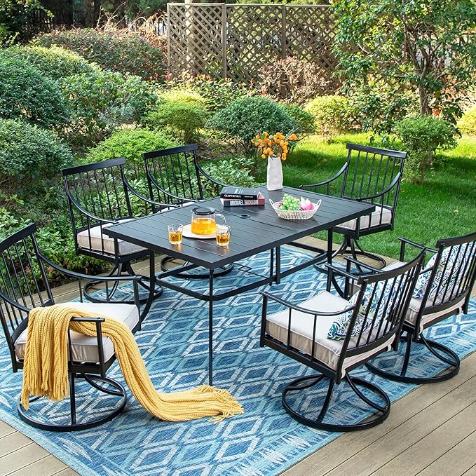 Sophia & William 7 Pcs Patio Furniture Set, Metal Patio Outdoor Dining Set for 6 People, Rectangular Patio Table and Swivel Chairs, Conversation Bistro Set with 1.9?Umbrella Hole & Seat Cushions