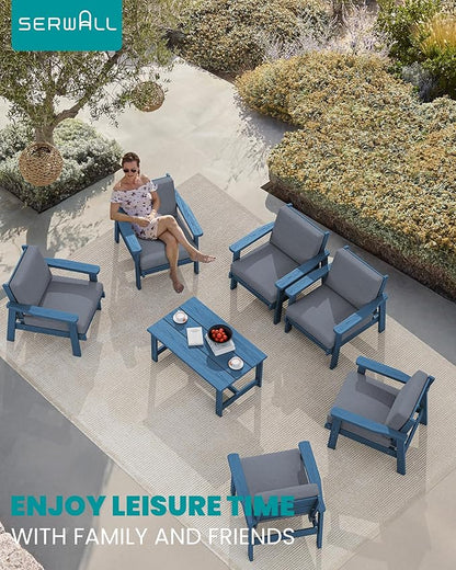 SERWALL HDPE Outdoor Furniture Set, 7 Piece All Weather Wood-Like Outdoor Sofa Sectional Couch, Blue Patio Furniture Set with Grey Cushions