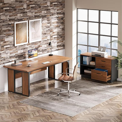 Tribesigns 63‘’ L-Shaped Executive Desk, Office Table with 39.37-Inch Drawers Cabinet, Large Computer Desk with Storage Shelves, Business Furniture Set for Home Office, Brown & Black