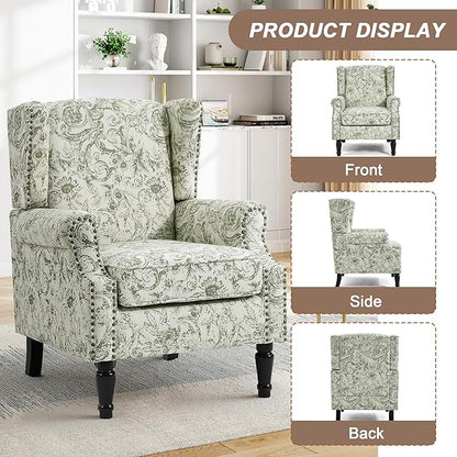 Pia Ricco High Back Floral Accent Chair - Retro Wingback Upholstered Armchair with Nailhead Trim, Solid Wood Legs, Fabric Living Room Bedroom Reading Chair (Plants Green)