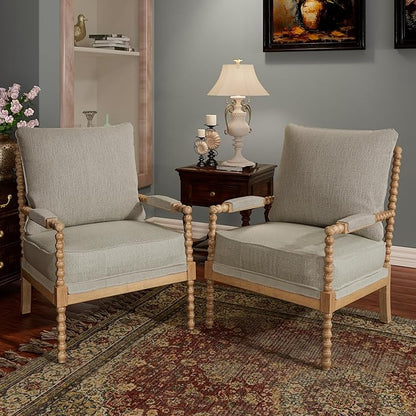 Morden Fort Linen Fabric Spindle Accent Chairs Set of 2, French Style Chairs with High Resilience Spring Cushion and Armrest Pads, Leisure Armchair for Living Room Bedroom Farmhouse Office Balcony