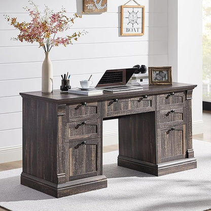 OKD 60" Executive Desk with Drawers, Farmhouse Home Office Desk with Charging Station, Keyboard Tray, File Cabinet Storage, Wood Computer Desk for Work and Study, Dark Rustic Oak