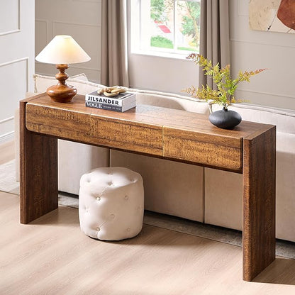 OKD 63'' Console Table with 3 Drawers, Farmhouse Entryway Table with Rounded Corners, Console Table Behind Couch for Living Room/Hallway-Reclaimed Barnwood