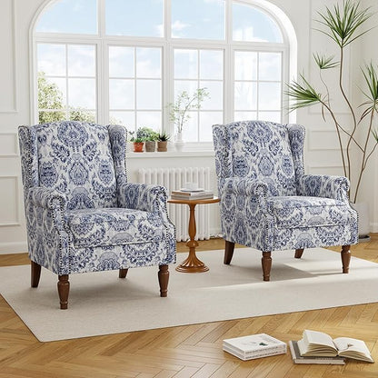 Accent Chair Set of 2, Upholstered High Back Floral Armchair with Nailhead Trim & Wood Legs, Comfy Wingback Reading Single Sofa Chair for Small Spaces, Living Room, Bedroom-Navy Blue Floral